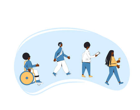 Group of african american teenagers walking one after another. Young female and male friends wearing in trendy casual clothes marching in step together. boy and girls.のイラスト素材