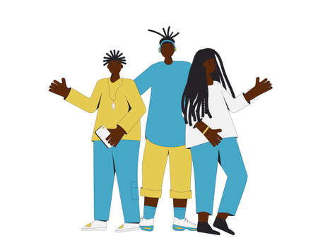 Group of african american teenagers standing together. Young female and male friends wearing in casual clothes. Boys and girls. vector color line illustration.のイラスト素材