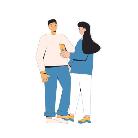 Two teenagers standing together. Young male and female friends wearing casual clothes. Pair standing and hugging each other with phone. vector color line illustration.のイラスト素材