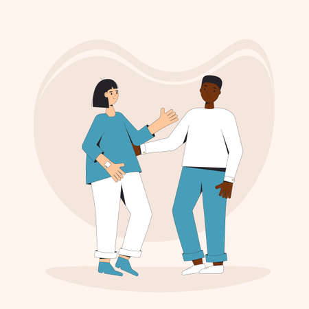 Teenagers couple standing together. Young female and male friends wearing in casual clothes. Boy and girl. Vector color line illustration.のイラスト素材
