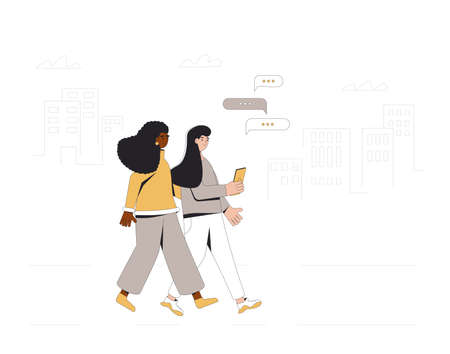 Two teenagers walking through the streets together. Young female friends wearing in casual clothes with phone. Pair. Vector color line illustration.のイラスト素材