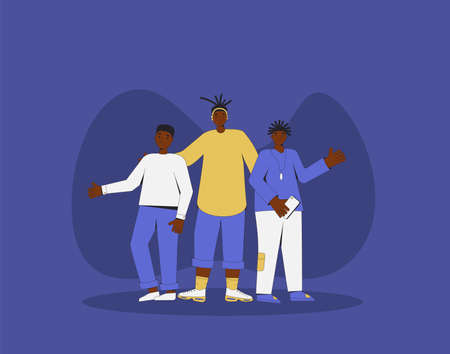 Group of african american teenagers standing together. Young male friends wearing casual clothes. three boys mat. vector color line illustration.のイラスト素材