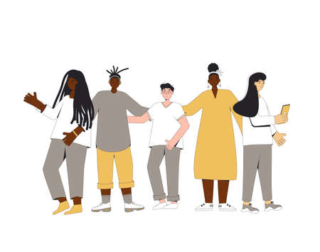 Group of diverse teenagers standing together isolated on white background. Young female and male friends wearing in casual clothes. Boys and girls hugging each other. Vector color line illustration.のイラスト素材