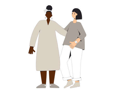Two teenagers standing together isolated on white background. Young female friends wearing casual clothes. Girls standing and hugging each other. vector color line illustration.のイラスト素材