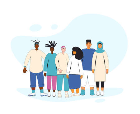 Group of diverse teenagers standing together. Young female and male friends wearing in casual clothes. Boys and girls hugging each other. Vector color line illustration.のイラスト素材