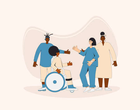 Group of diverse teenagers standing together. Young female and male friends wearing in casual clothes. Boy and girls hugging each other. vector color line illustration.のイラスト素材