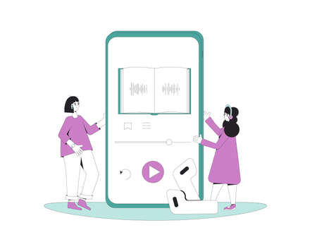 Young women listening to audiobook. Two pretty girls and huge phone with education apps. vector illustration.のイラスト素材