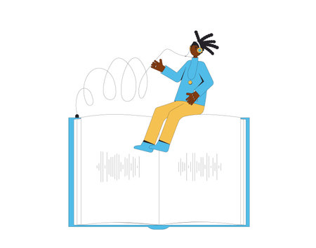 Young woman listening to audiobook. Concentrated female person sitting on a huge book with headphones. vector illustration.のイラスト素材