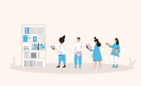 Young adult literature. Online library or bookstore. digital reading app. electronic books. Knowledge, education, learning with smartphone. Teenagers online shop. vector illustration.のイラスト素材