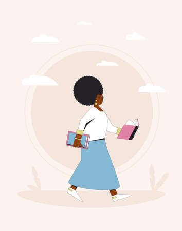 Young woman walking and reading book. vector illustration.のイラスト素材