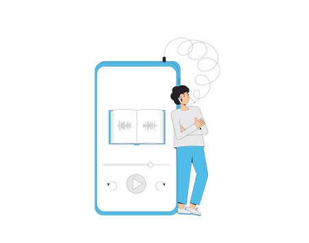 Young man listening to audiobook. Concentrated person and huge phone with education apps. vector illustration.のイラスト素材