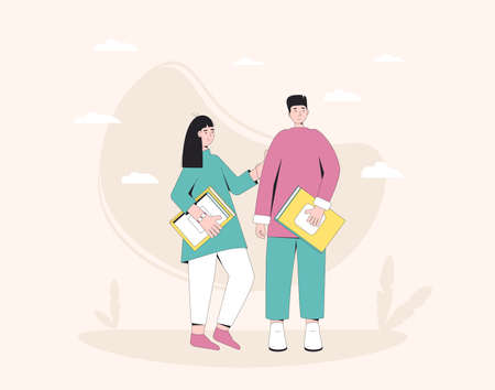 Two friends standing together with books. Literature fans.Vector line art illustration.のイラスト素材