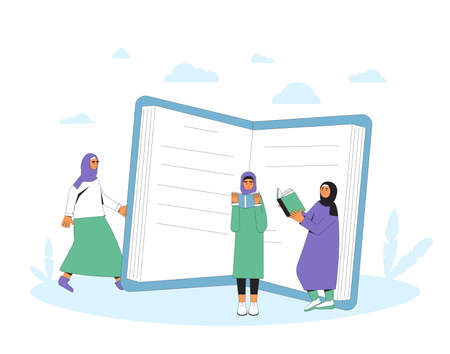 Young Muslim women with books. Covers head female students reading books. Literature fans. vector illustration.のイラスト素材