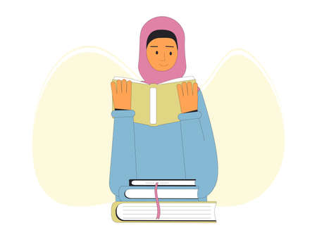 Teenage girl standing with book isolated on white background. Literature fan. Books lover. Young woman reading a novel. Vector illustration.のイラスト素材