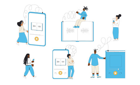 Audiobooks lovers set. People with audio books isolated. Literature fans. Vector color illustration.のイラスト素材