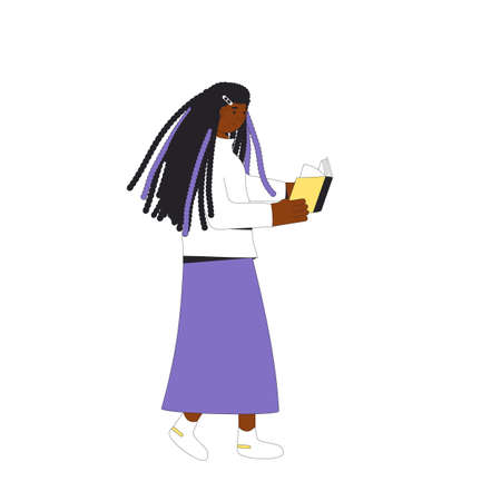 Teenage girl standing with book isolated on white background. Literature fan. Books lover. Young woman reading a novel. Vector illustration.のイラスト素材