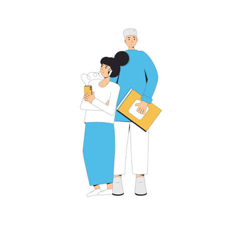 Two friends standing together with audiobook and paper book. Literature fans. vector line art illustration.のイラスト素材