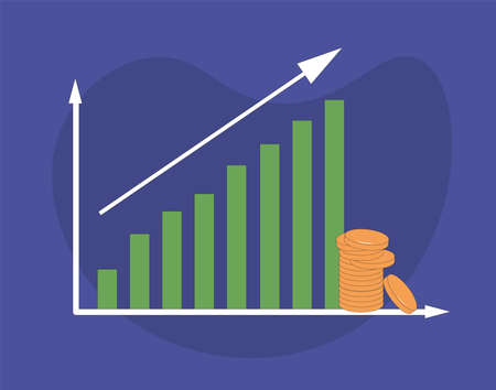 investment concept. Stock market growing chart with coins stack. business growth. Vector color line art illustration.のイラスト素材