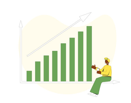 Investment concept. Young woman with stock market growing chart. Vector color line art illustration.のイラスト素材