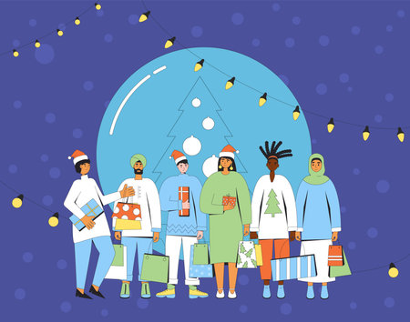 Christmas party. Friends exchanging holiday gifts. Happy people with presents celebrating New Year. Vector illustration of friends with giftboxes.のイラスト素材