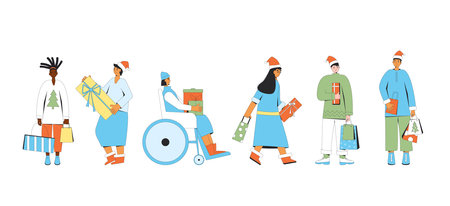 People with Christmas presents. Winter holiday shopping. Isolated characters with giftboxes. Vector illustrationのイラスト素材
