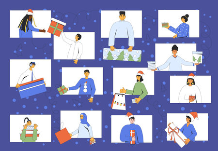 Online Christmas party. Xmas virtual event. Celebrate the New Year and give each other gifts by videophoning each other. Vector illustration.のイラスト素材