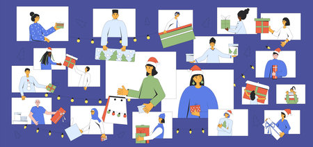 Christmas virtual event. People videoconferencing to exchange holiday gifts. Colorful vector illustration set of characters with presents and giftboxes.のイラスト素材