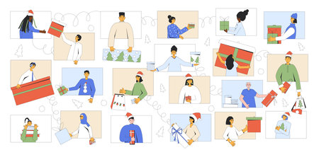 People videoconferencing to exchange holiday gifts. Happy friends with Christmas giftboxes. Team celebrating New Year online. Colorful vector illustration with outline.のイラスト素材