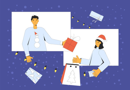 Virtual Christmas date. Share gifts on the Internet. Friends celebrating the winter holidays online. New Year event on video call. Vector illustration with outline.のイラスト素材