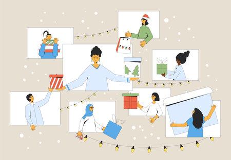 Exchange holiday gifts online. Christmas virtual event. People videoconferencing to give each other holiday presents and surprises. Vector illustration of characters with giftboxes.のイラスト素材