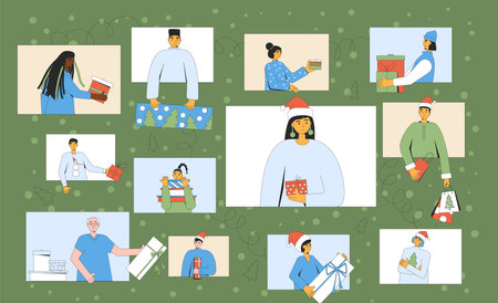 Online gift exchange. Virtual Christmas party. Xmas virtual event. Celebrate the New Year from a distance. Vector illustration of people with giftboxes.のイラスト素材