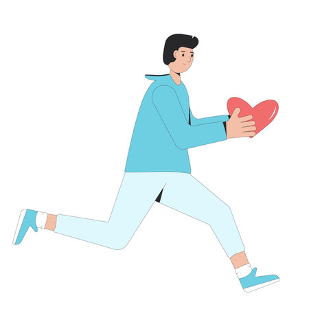 Man running and holding in his hands gift in heart shape. Valentine's Day present. Care and love. Vector flat outline illustrationのイラスト素材