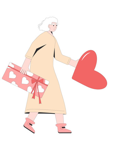 Senior woman holding in his hands gift in heart shape. Valentine's Day presents. Vector illustrationのイラスト素材