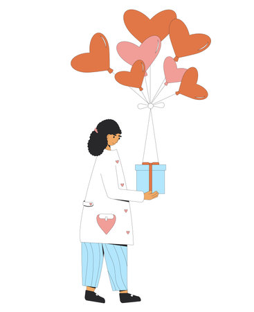 Woman holding gift with balloons in heart shape isolated on white background. Valentine's Day. Vector flat outline illustrationのイラスト素材