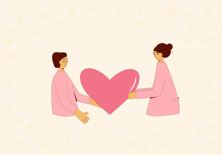 Love concept. Valentine's Day gift exchange. Young people giving a heart together. February 14 holiday celebration. Romantic couple. Vector groovy style illustrationのイラスト素材