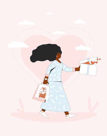Woman holding gifts and shopping bags in heart shape. Valentine's Day. Vector flat outline illustrationのイラスト素材