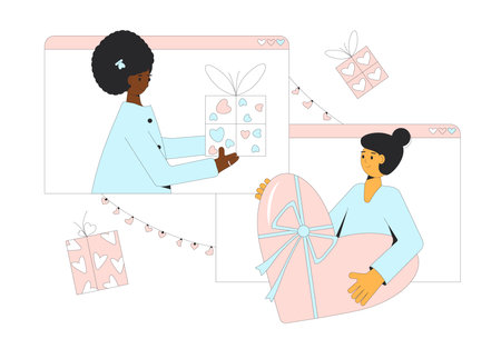 Online virtual dating. Valentine's Day gift exchange. Human characters giving and receiving presents. Love holiday celebration. People with giftboxes in heart shape. Love or friendship concept.のイラスト素材