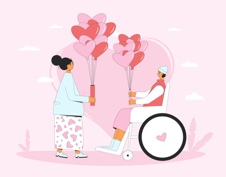 Inclusion love. Valentine's Day gift exchange. Couple giving and receiving presents. Dating. February 14 romantic couple. Vector flat illustrationのイラスト素材