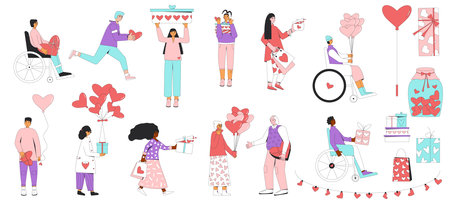 Valentine's Day gift exchange. Human characters giving and receiving presents set. People with giftboxes in heart shape. February 14 people collection isolated. Vector flat outline illustrationのイラスト素材