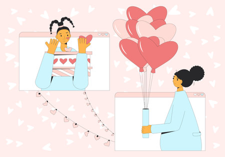 Love or friendship concept. Virtual dating. Valentine's Day gift exchange. February 14 banner. Vector flat outline illustrationのイラスト素材