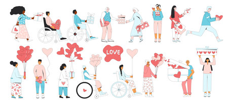 Valentine's Day gift exchange. Human characters giving and receiving presents set. People with giftboxes in heart shape. February 14 people collection isolated. Vector flat outline illustrationのイラスト素材