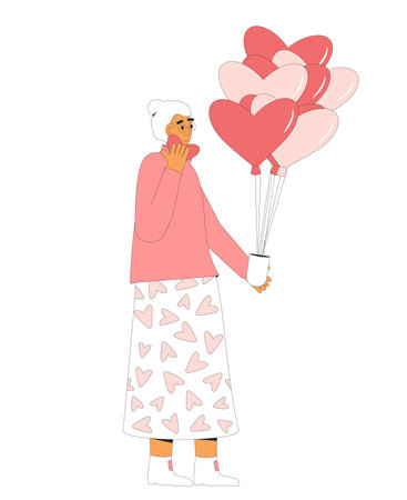 Senior woman holding balloons in heart shape isolated on white background. Vector flat outline illustrationのイラスト素材