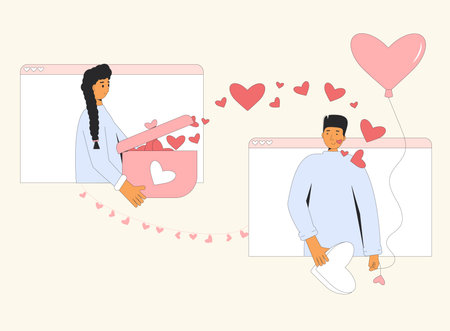Online virtual dating. Valentine's Day gift exchange. Human characters giving and receiving presents. Love holiday celebration. February 14 banner with romantic couple. Vector outline illustrationのイラスト素材