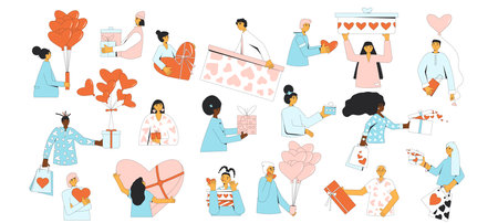 Valentine's Day people with gift set. People giving presents collection. Romantic characters with giftboxes in heart shape. February 14 collection isolated. Vector flat outline illustrationのイラスト素材