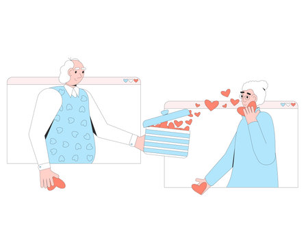Senior couple video call online virtual dating. Valentine's Day gift exchange. Woman and man giving and receiving presents. Love holiday celebration from a distance. Vector flat outline illustrationのイラスト素材