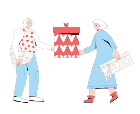 Senior couple dating. Valentine's Day gift exchange. Married woman and man giving and receiving presents. Love holiday celebration. February 14. Vector flat outline illustrationのイラスト素材