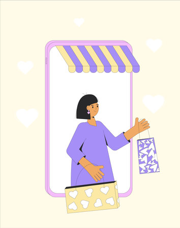 Valentine's Day online shopping. gift exchange. February 14 order gift. virtual presents buy. Vector flat outline illustrationのイラスト素材