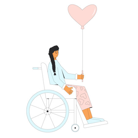 Wheelchair teenage girl holding ballon in heart shape. Valentine's Day gift. Vector flat outline illustrationのイラスト素材