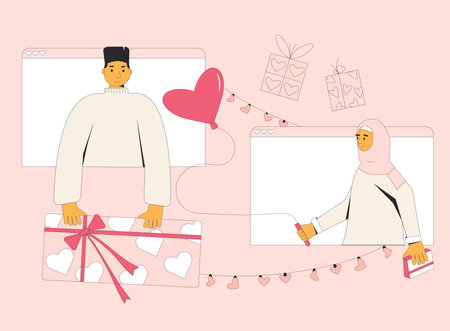 Valentine's Day gift exchange. Online virtual dating. Young couple giving presents. Love holiday celebration. People with giftboxes in heart shape. Love from afar concept. Vector illustrationのイラスト素材