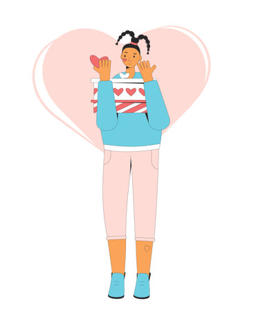 Young woman holding gift and greeting card in heart shape, Valentine's Day. Vector flat outline illustrationのイラスト素材
